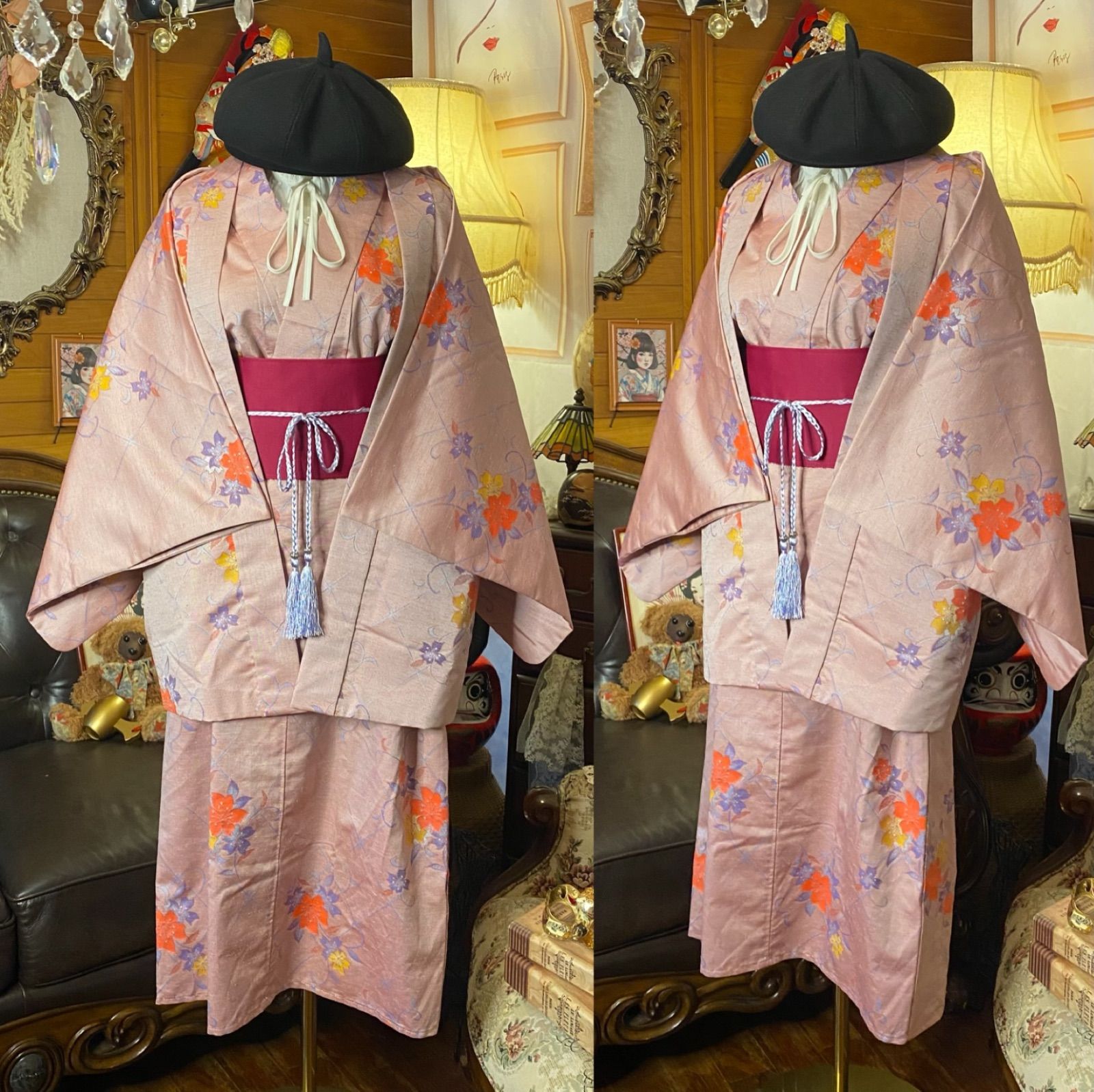 和洋折衷ワンピース 着物アンサンブル 帯サッシュベルト付き ハンドメイド レトロ くすみピンク×百合 aKW-106