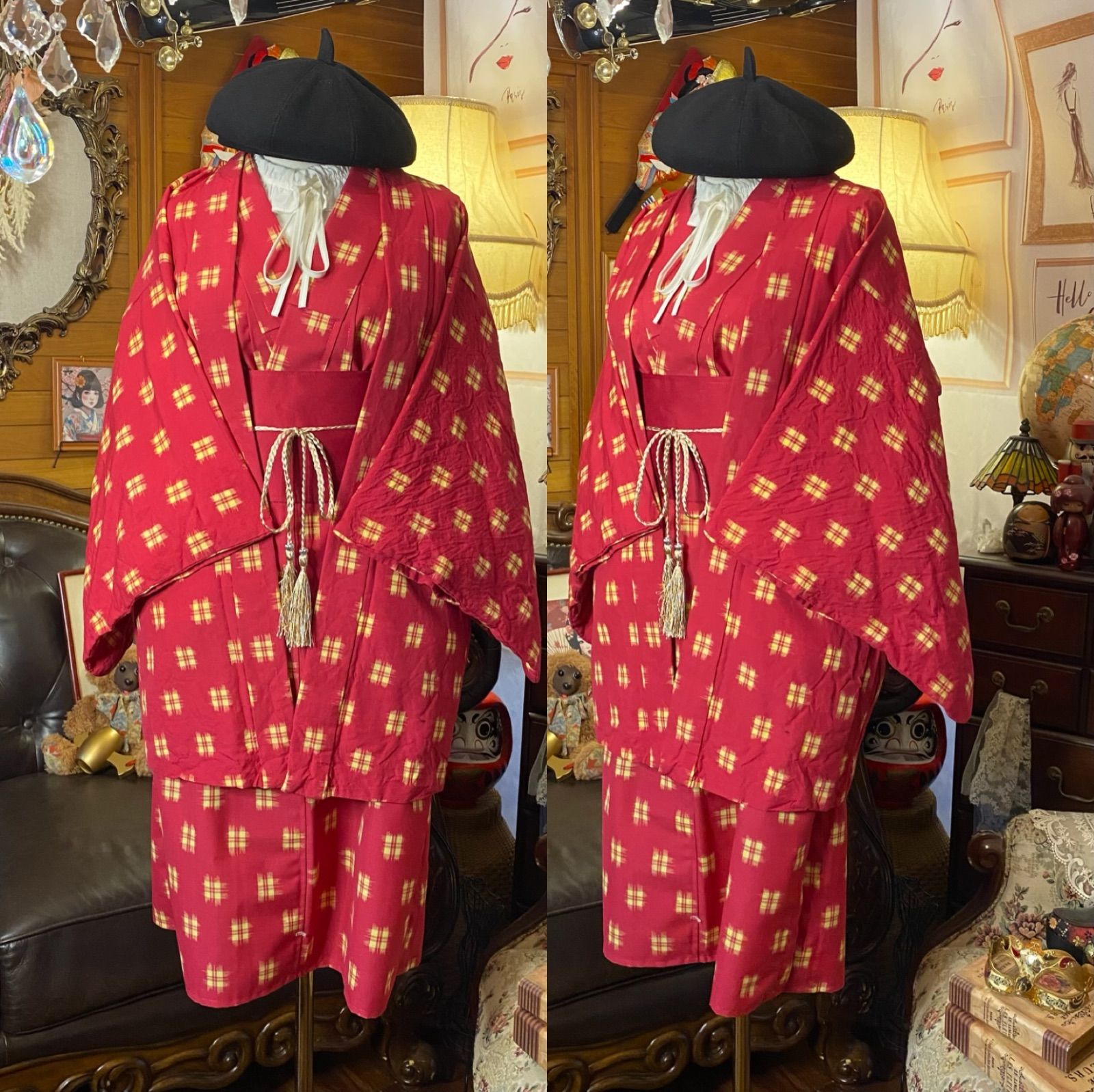 和洋折衷アンサンブル着物リメイクワンピース 帯サッシュベルト付き ハンドメイド レトロ 古着 ショッキングピンク×絣調チェック aKW-107