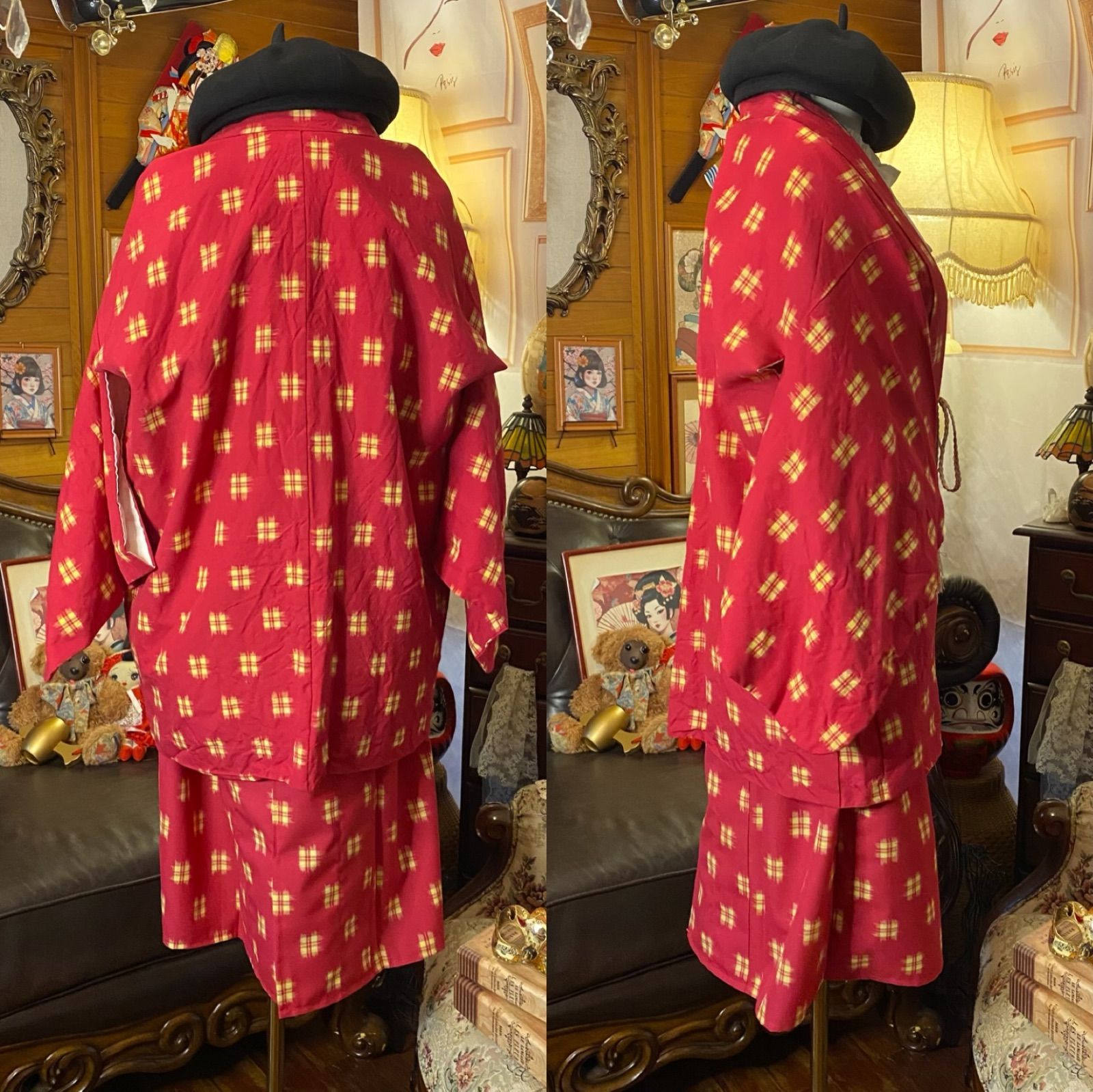 古着 ショッキングピンク×絣調チェック