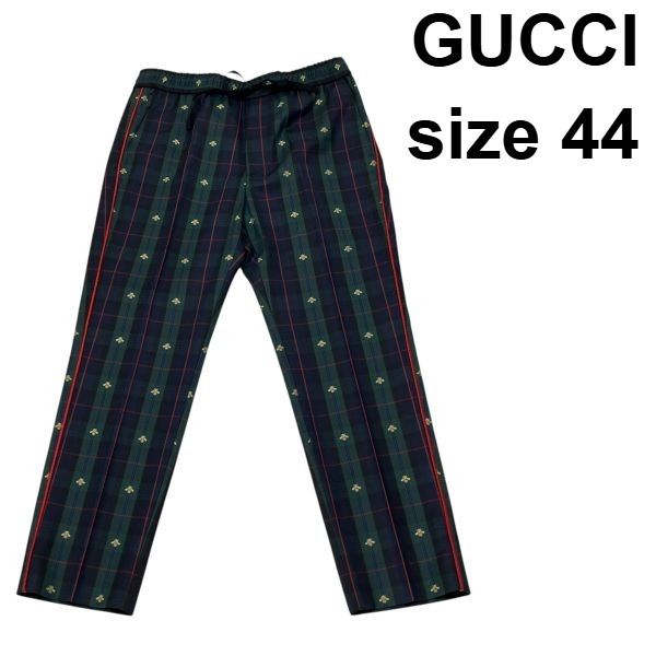 ● グッチ GUCCI パンツ チェック BEE 蜂 カジュアル カーキ グリーン 赤 ゴールド色 コットン 44 メンズ S5W366