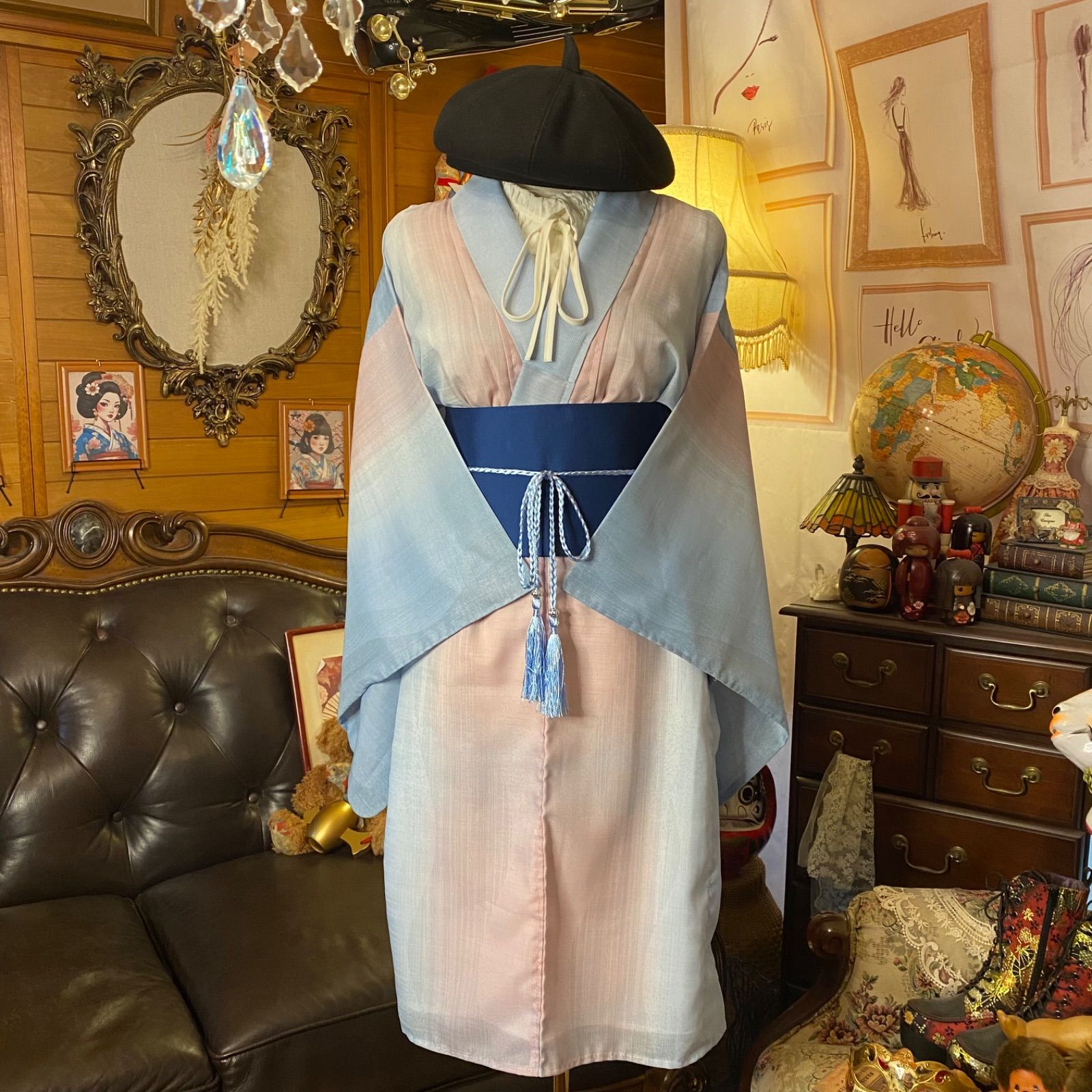 和洋折衷 夏着物リメイクミニミディワンピース 洗える 化繊 ドレス 帯サッシュベルト レトロ 古着 淡ピンク×涼色ブルーのグラデーション SKW-33