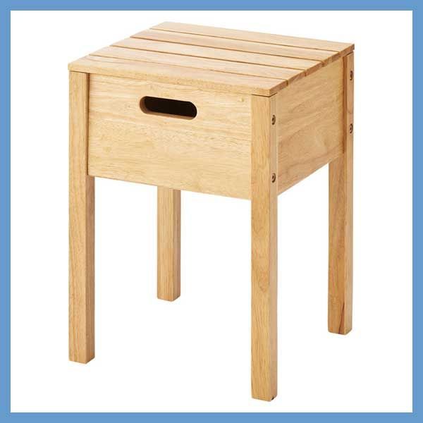 天然木（ラバーウッド）の収納付きスツール「W32×D32×H43cm