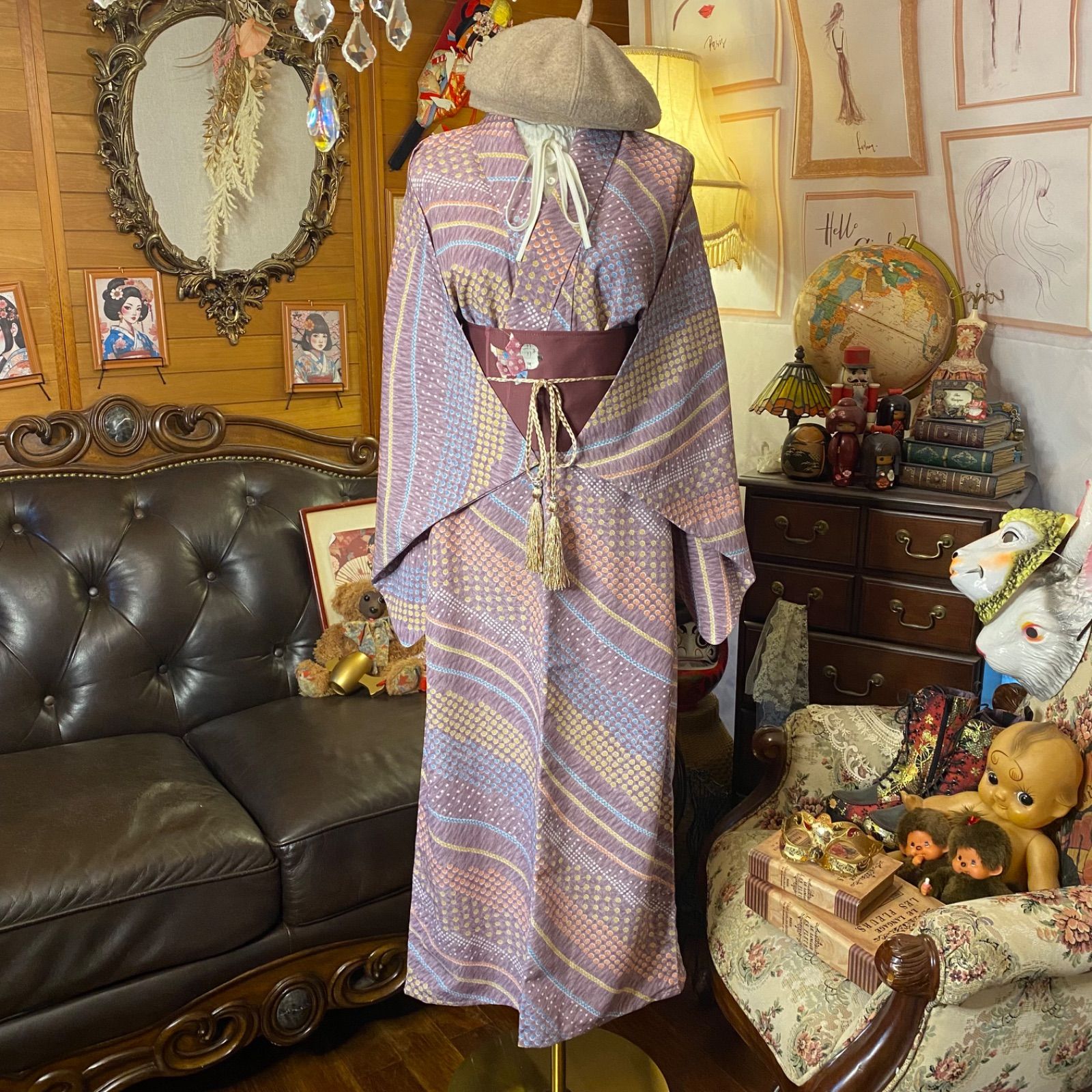 単衣着物 リメイク ロングワンピース ドレス 洗える 化繊 名古屋帯サッシュベルト 和洋折衷 レトロ 古着 ハンドメイド 葡萄紫の流線模様 KW-1134