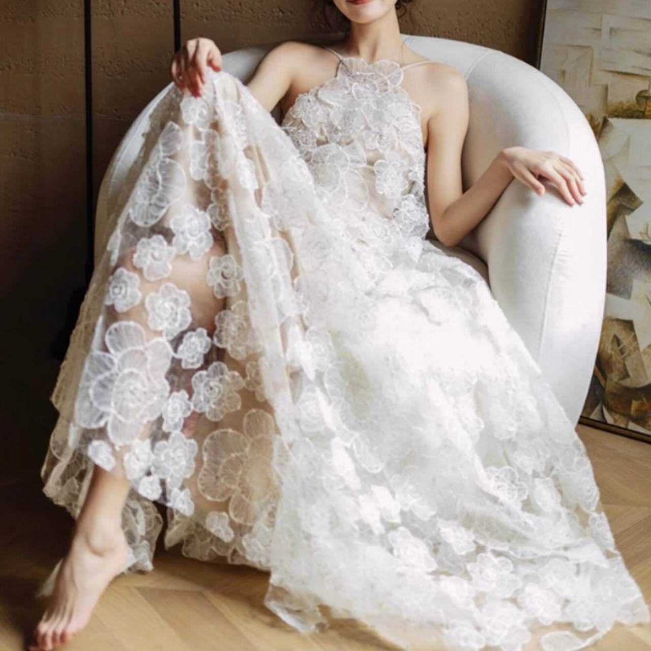  ウェディングドレス バックレス お花レース 韓国 ウェディングドレス ドレス ブライダル