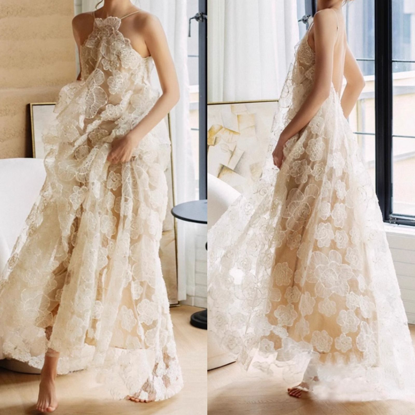 ウェディングドレス バックレス お花レース 韓国