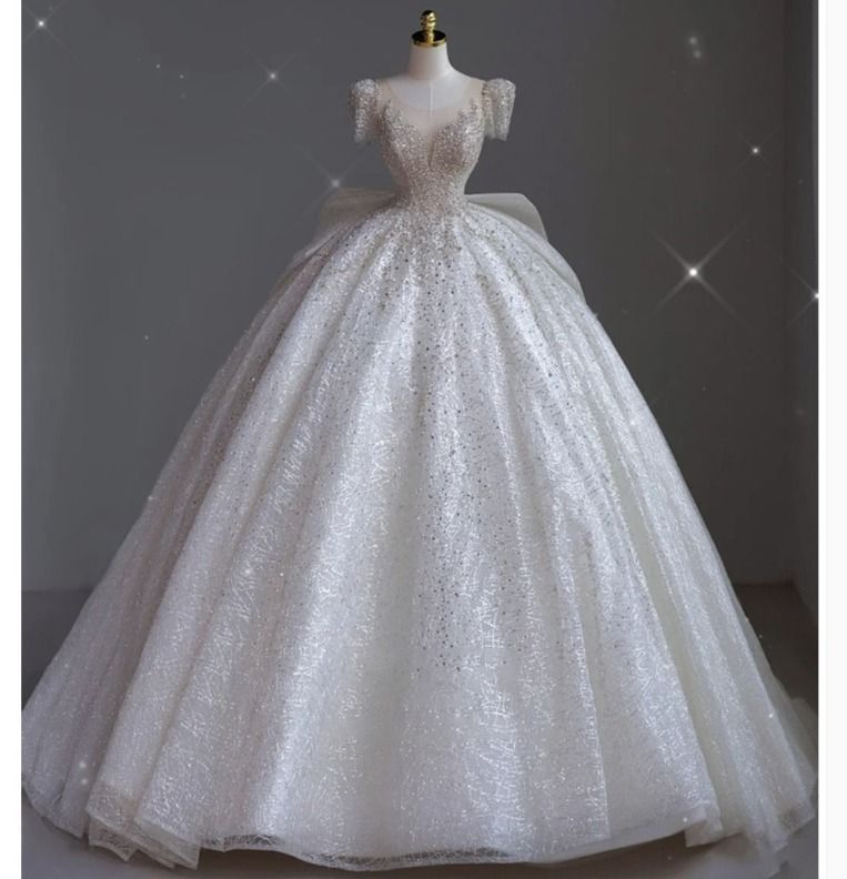 ウェディングドレス 半袖 上品 バックリボン 韓国