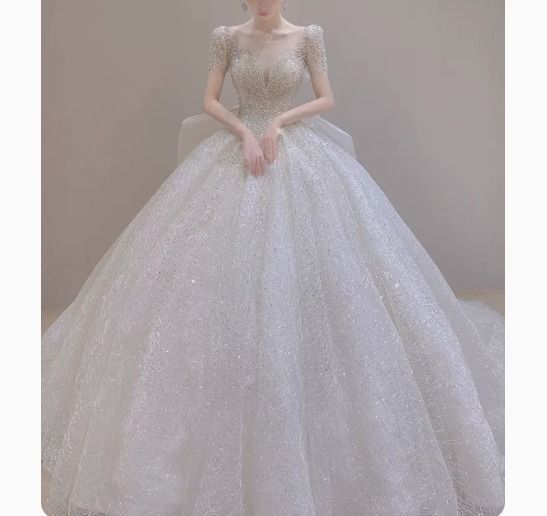  ウェディングドレス 半袖 上品 バックリボン 韓国 ウェディングドレス ドレス ブライダル