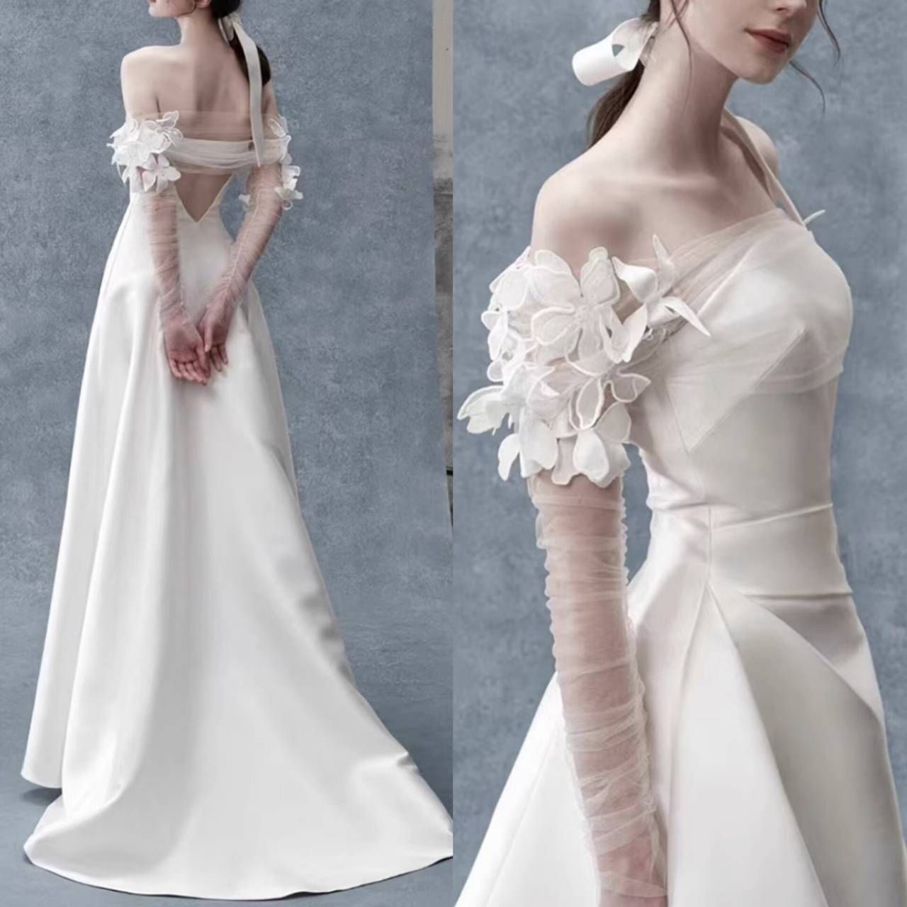 オフショル シアー袖 ウェディングドレス お花 バックオープン