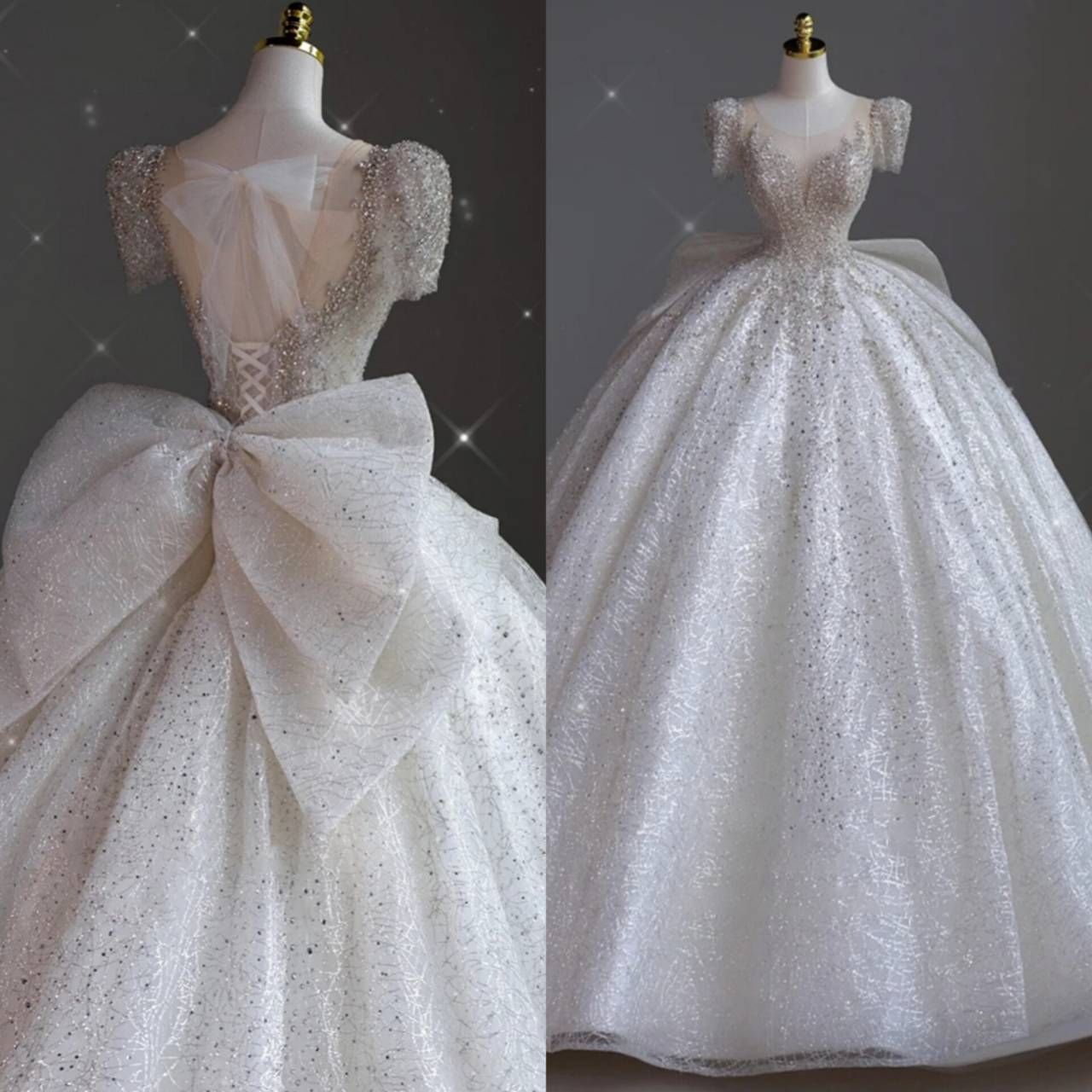 ウェディングドレス 半袖 上品 バックリボン 韓国