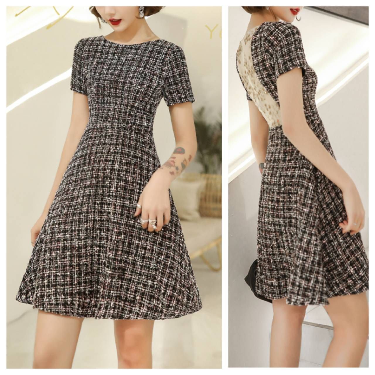 ドレス 半袖 Aライン ツイード バックシースルー 清楚 韓国