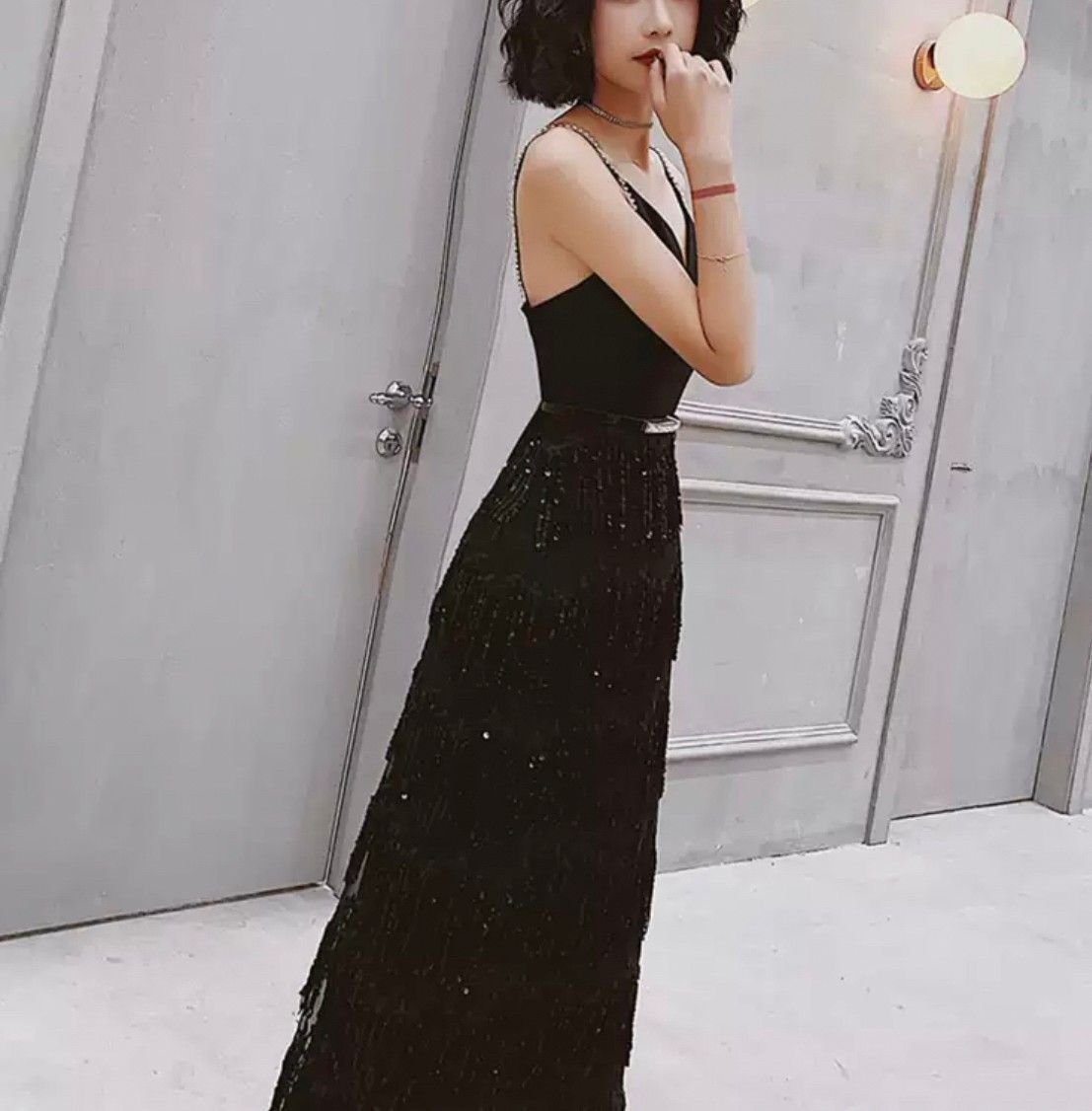 キャミソール バックオープン ドレス 切替タイト