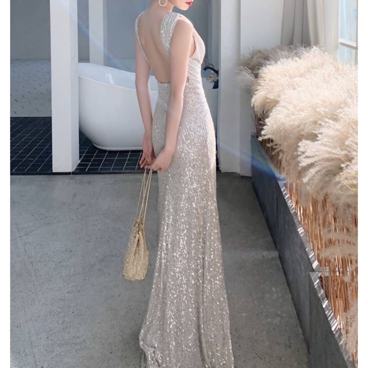 バックレス ドレス マーメイド キラキラ スリム ロング Vネック