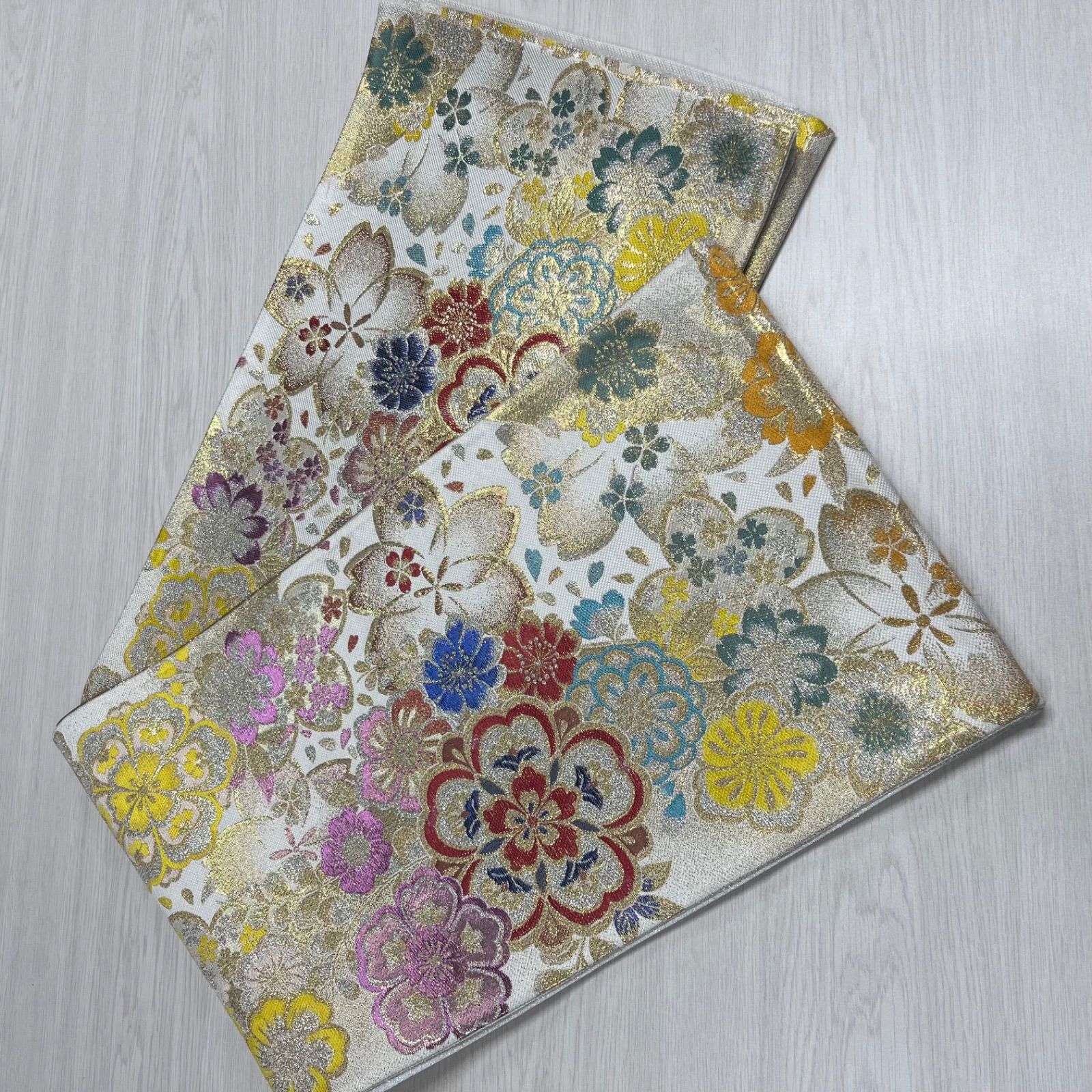  未仕立て 西陣織 酒井守 袋帯 白 金 カラフル 花柄 振袖 成人式 結婚式 11 袋帯 帯