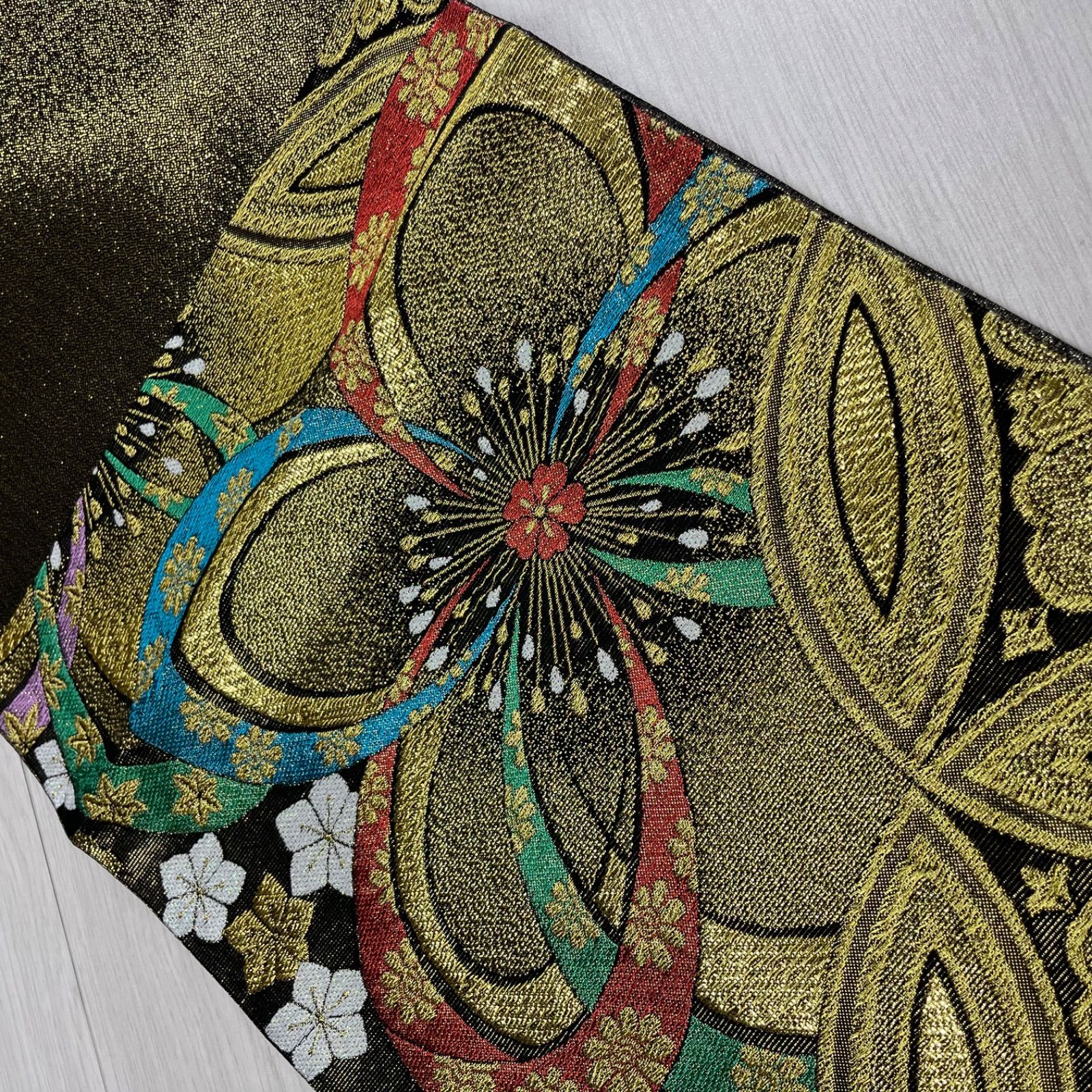  未仕立て 西陣織 袋帯 金 黒 花柄 振袖 成人式 結婚式 12 袋帯 帯