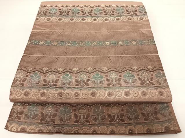 平和屋着物◎全通柄袋帯 ふくれ織 横段花文 金銀糸 正絹 逸品