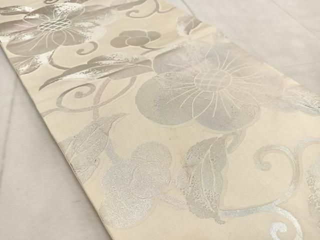 袋帯 花柄 振袖袋帯六通柄藤・菊／黒地・白・金銀《ふ287》＃江戸小