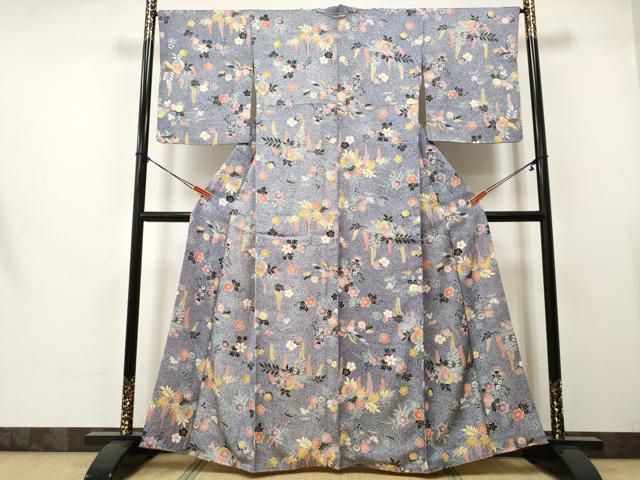 平和屋着物●上質な小紋　よろけ花間道　黒地　正絹　逸品　AABC5613ck 平和屋着物○上質な小紋 よろけ花間道 黒地 正絹 逸品 AABC5613ck 平和