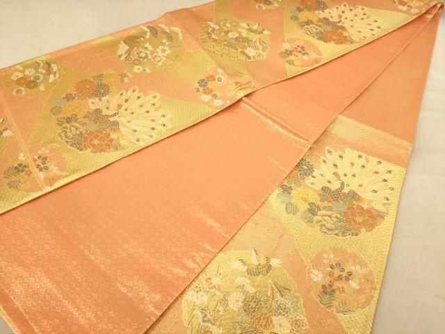 平和屋着物◎佐賀錦 六通柄袋帯 孔雀花文 金糸 正絹 逸品 AABB9172dt