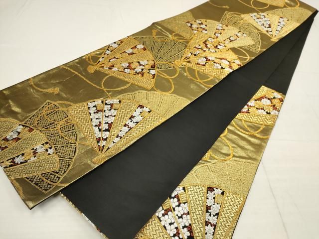 平和屋着物▽六通柄袋帯 扇面花文 黒地 金銀糸 正絹 逸品 AABB5040wj