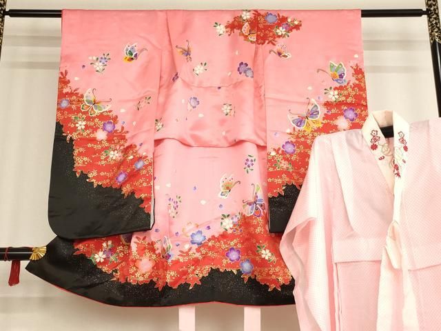 平和屋着物[]七五三 女の子 3歳 祝着 三つ身 長襦袢セット 舞蝶桜文
