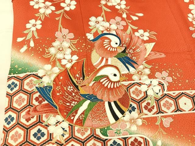601ag46□七五三 七歳 女児 着物&袋帯 金彩 御所車 鴛鴦□状態良好