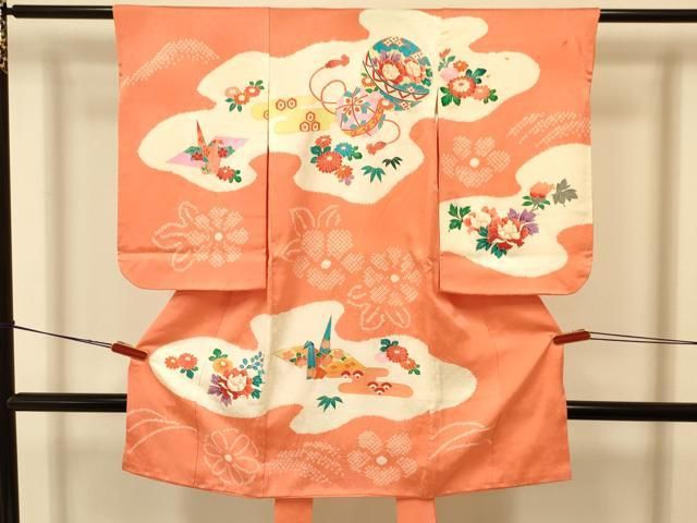 平和屋着物[]七五三　女の子　３歳　祝着　三つ身　絞り　折り鶴　鞠花文　金彩　逸品　DAAR6481ma