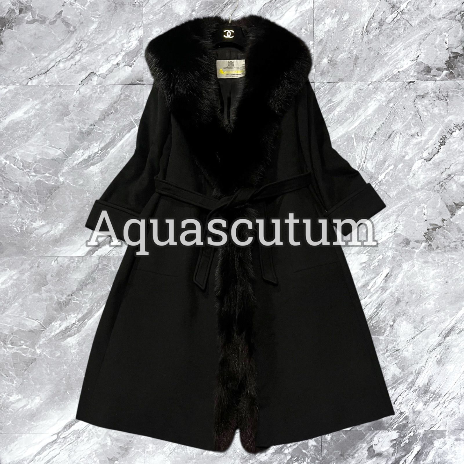【極美品 アンゴラ混】アクアスキュータム ロング ベルテッドコート ウール 黒 Aquascutum アクアスキュータム ロングコート ベルテッドコート ウール