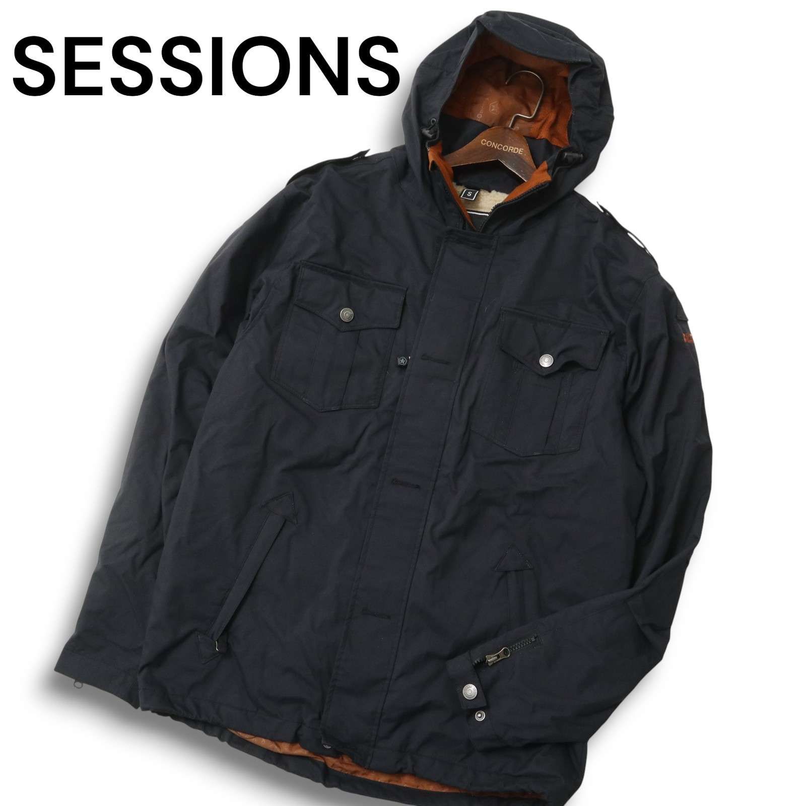 SESSIONS セッションズ 秋冬 ロゴ 撥水 裏ボア スノーボード ウェア ジャケット Sz.S メンズ 黒 スキー スノボ