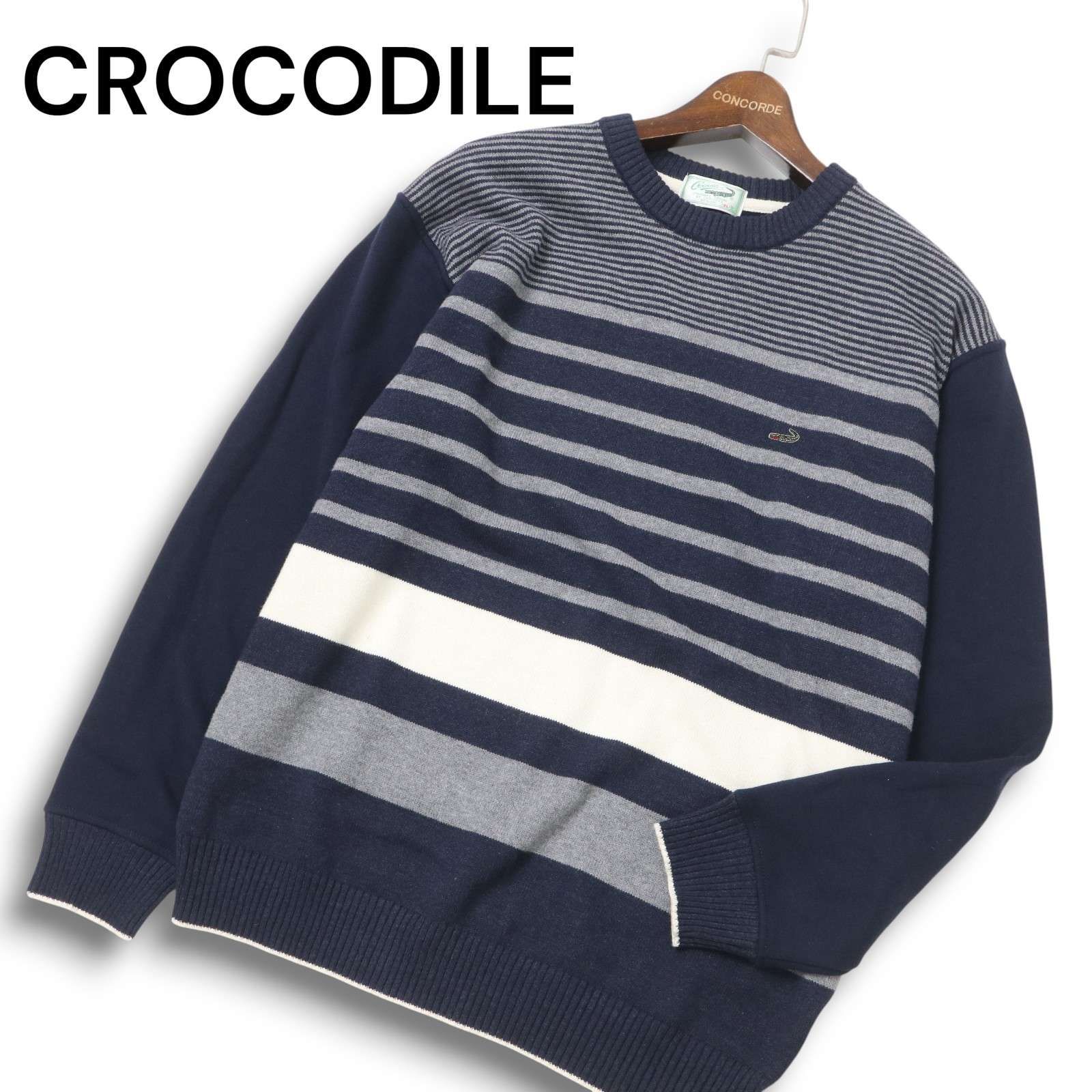 CROCODILE クロコダイル ワニ刺繍☆ ボーダー セーター ニット Sz.2L 