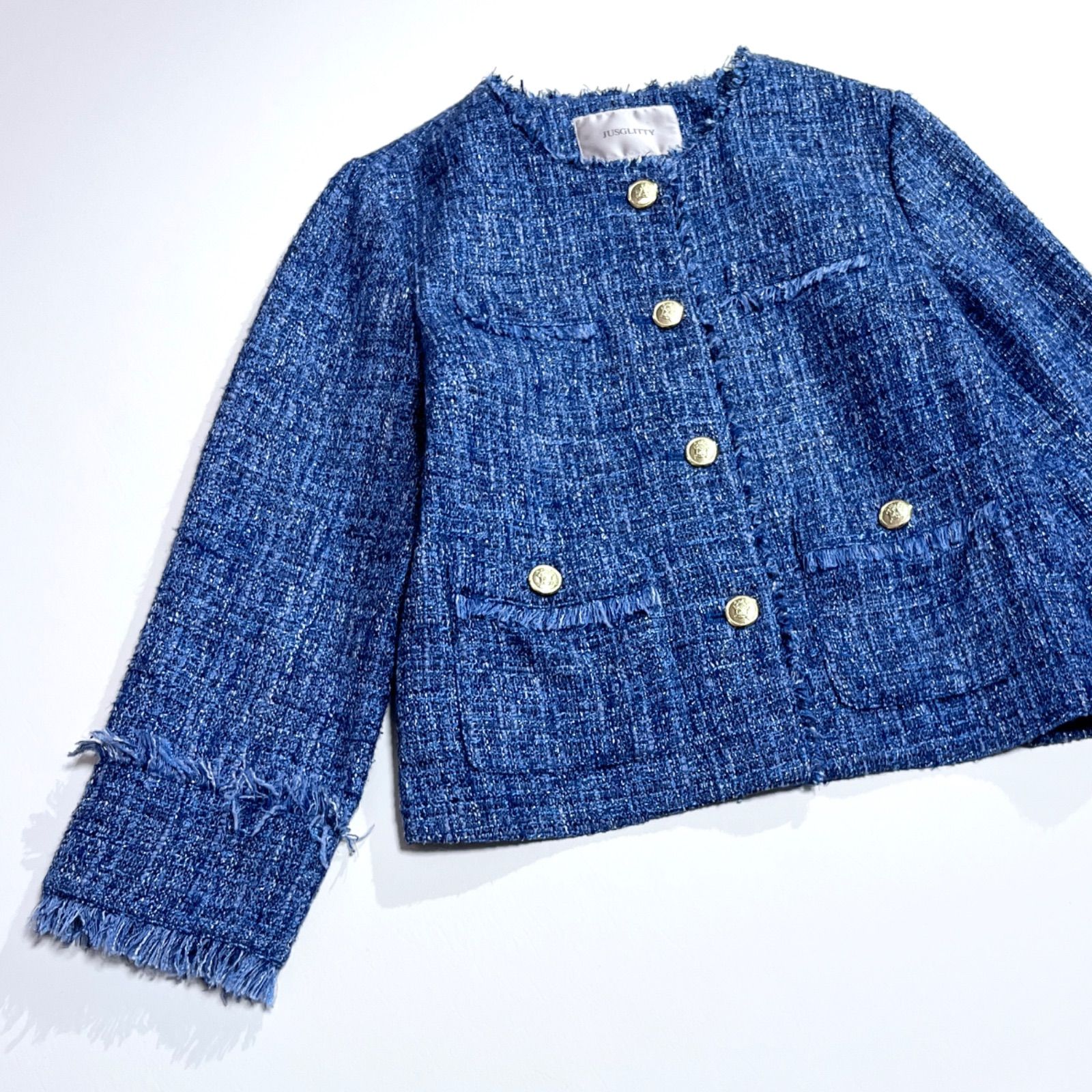 ebureウールシルクコットン ノーカラーブルゾン ダークネイビー 36