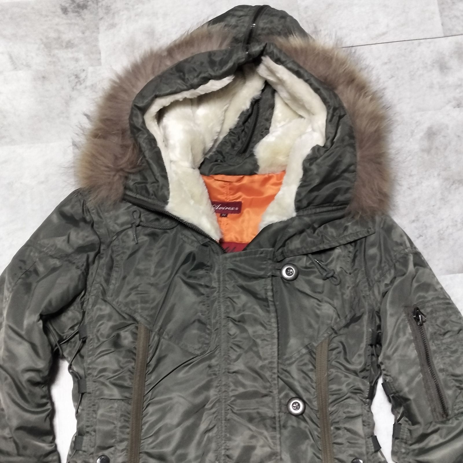 美品】AVIREX フライトジャケット N-2B ラクーンファー Мサイズ カーキ