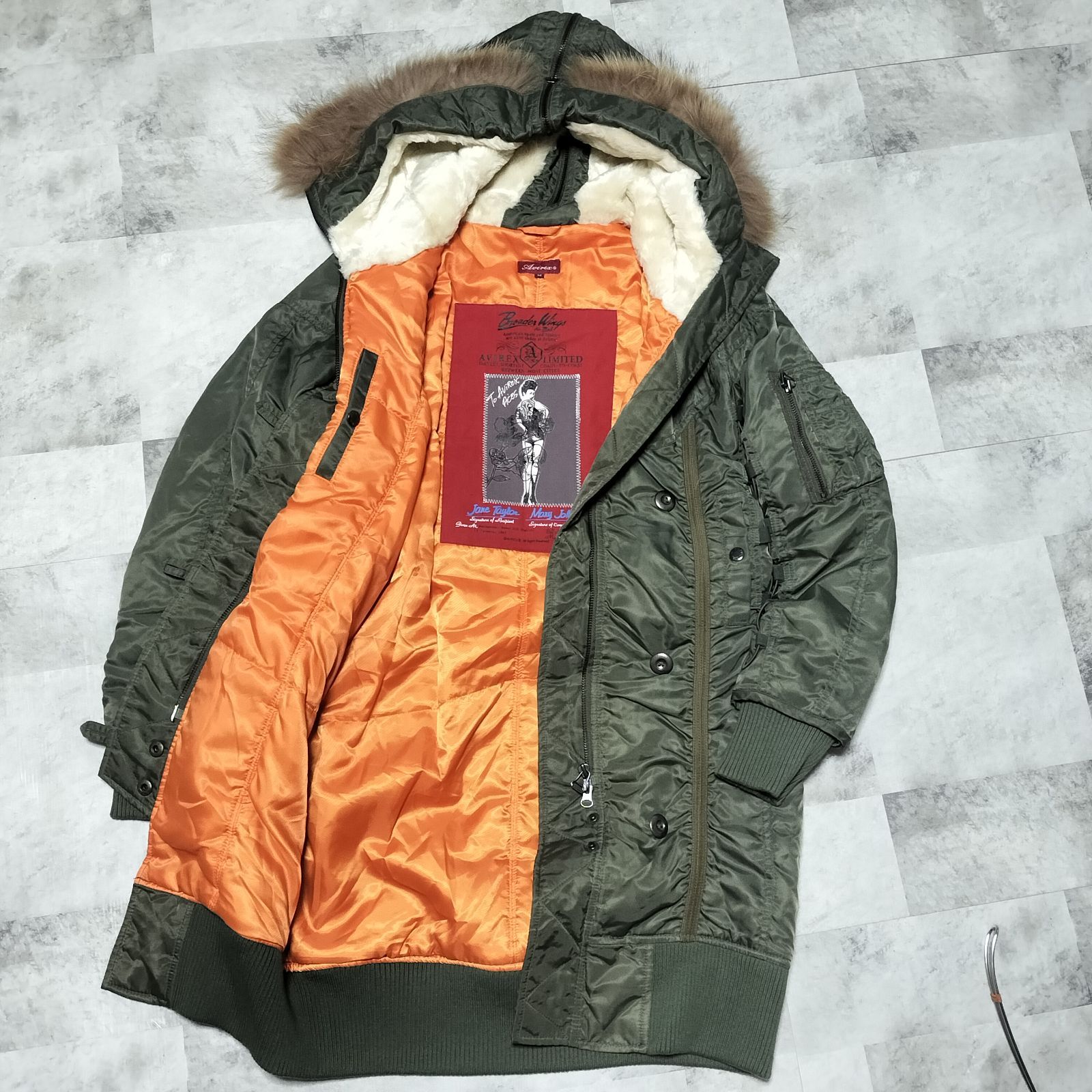 美品】AVIREX フライトジャケット N-2B ラクーンファー Мサイズ カーキ