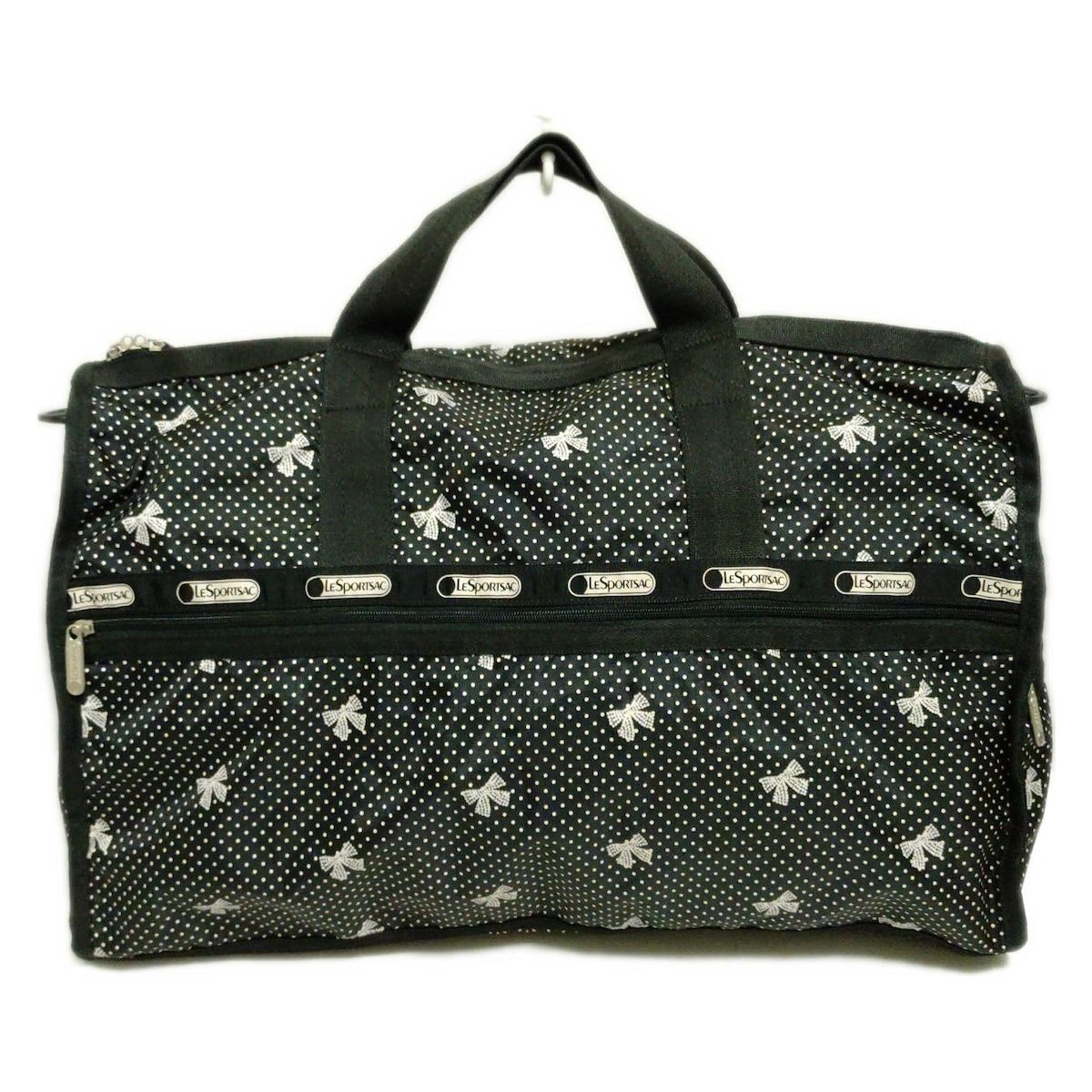 LESPORTSAC レスポートサック ボストンバッグ - 黒×ベージュ×アイボリー ドット柄 リボン 本体ロックなし