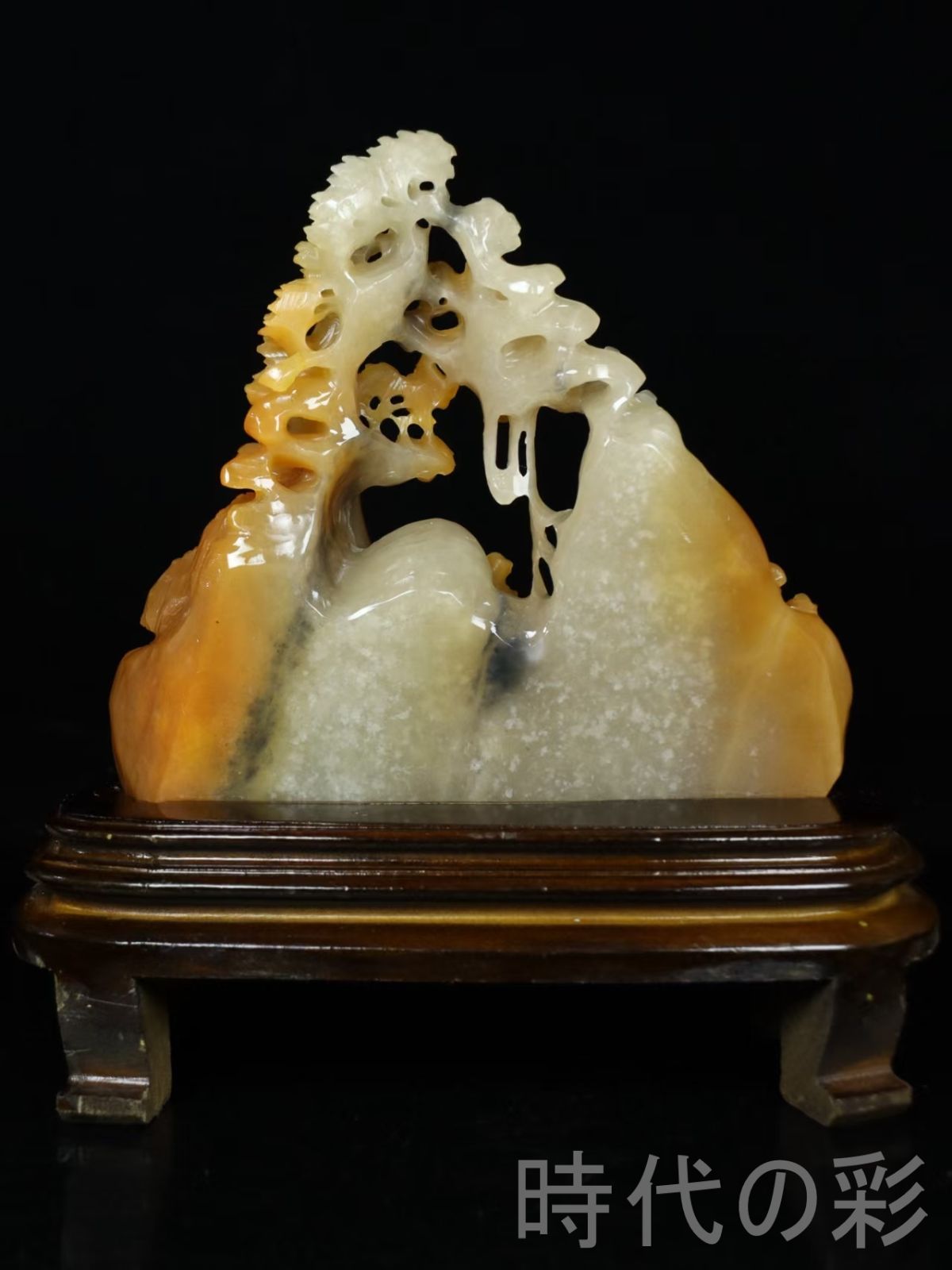 旧蔵・元水作款・松下聚賢・寿山田黄石彫刻】中国古美術・細密彫