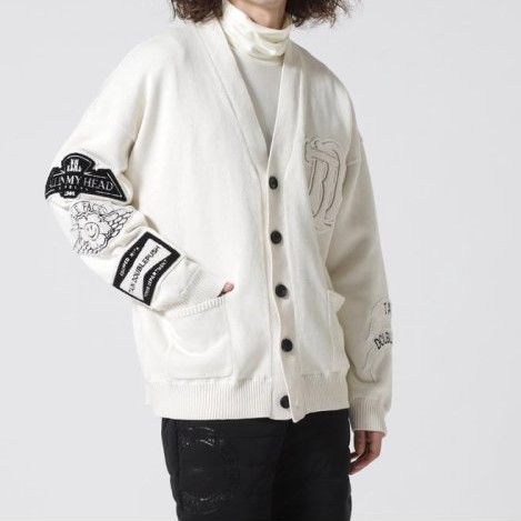 TAIN DOUBLE PUSH x  FLASH タインダブルプッシュ ロイヤルフラッシュ 22AW 別注 カーディガン T223-KN15 XL ホワイト Vネック ニット ワッペン スタジャン トップス【中古】【TAIN DOUBLE PUSH ×  FLASH】 TAIN DOUBLE PUSH x ROYAL FLASH タインダブルプッシュ ロイヤル