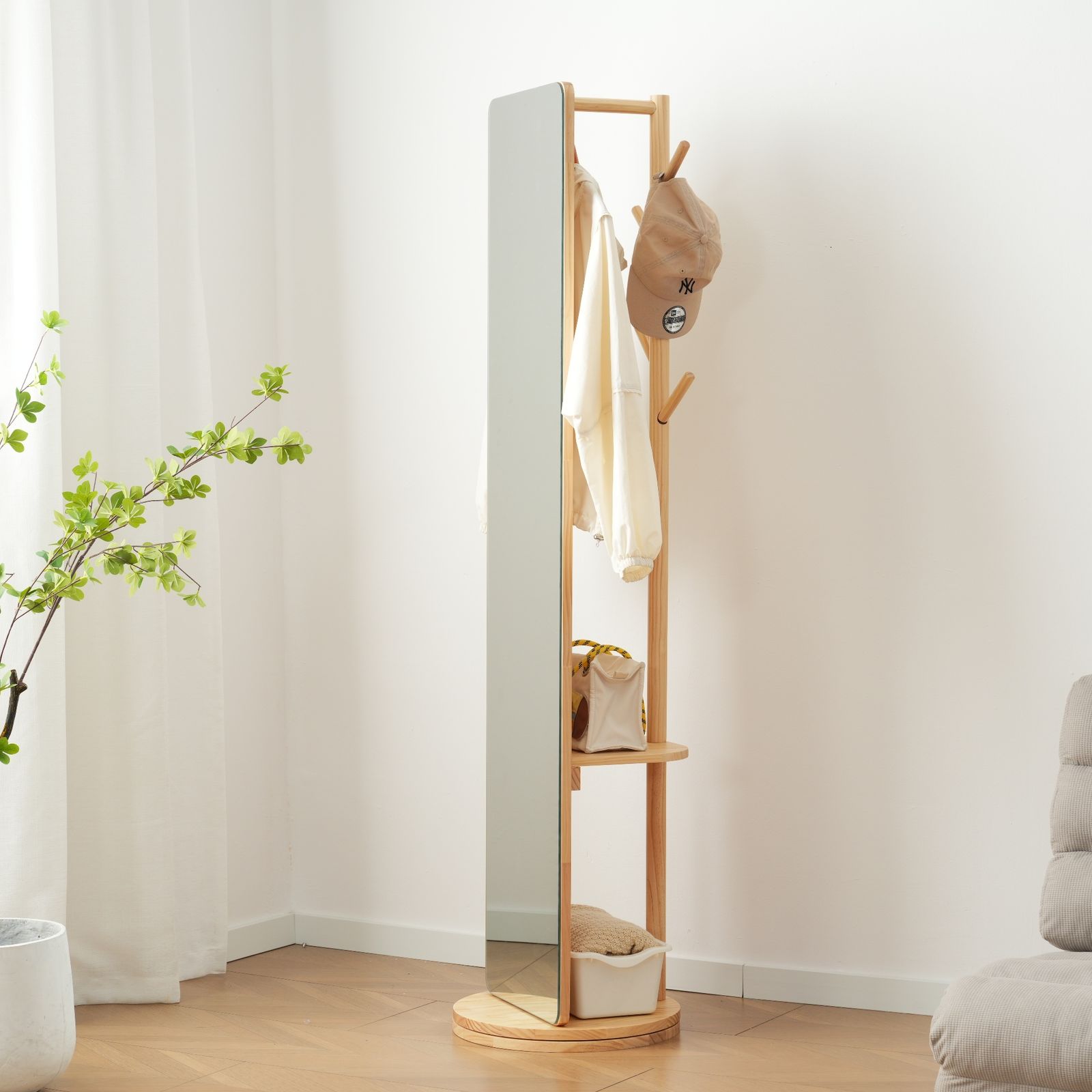 回転盤タイプ】鏡 姿見 玄関 全身 おしゃれ ハンガーラック 収納