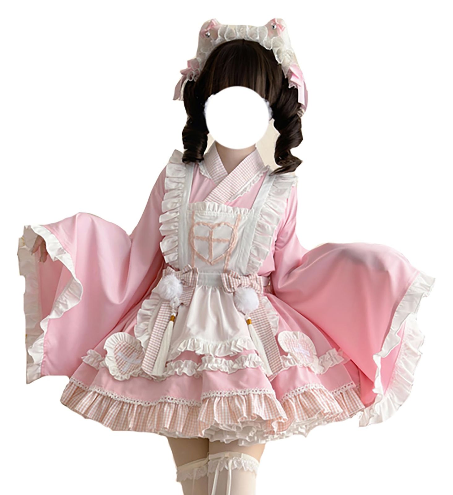新品 トップス 姫袖 ミニ コスプレ 衣装 仮装 スカート 浴衣 着物 エプロン 和装 和服 秋 リボン付き 夏 春 メード服 レディース ワンピース ４点セット 長袖 ナース服 [ＸＨＳＵＫＡＤＯ]
