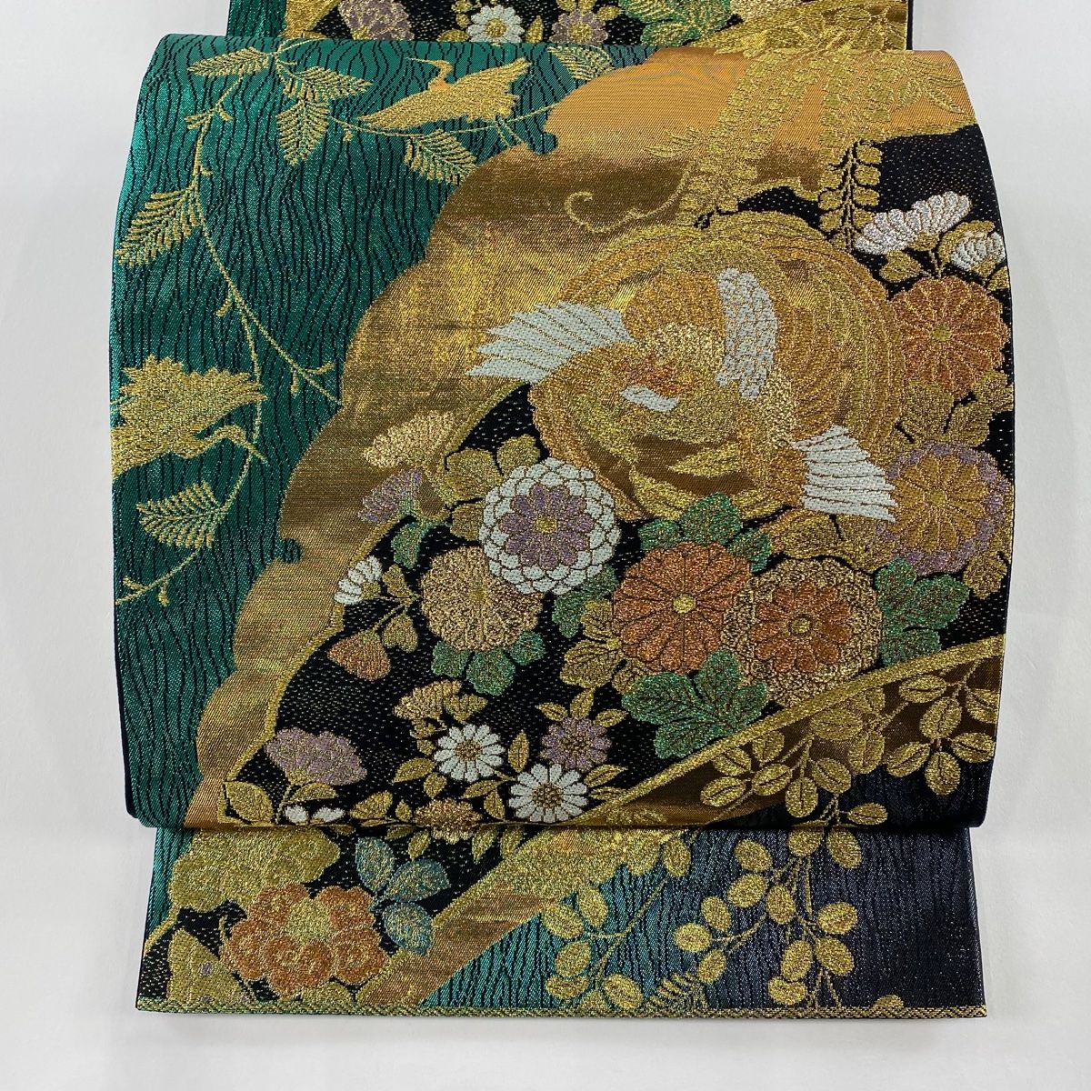 美品】 袋帯 秀品 振袖向き 鳥 菊 金糸 箔 青緑 六通 正絹 【中古