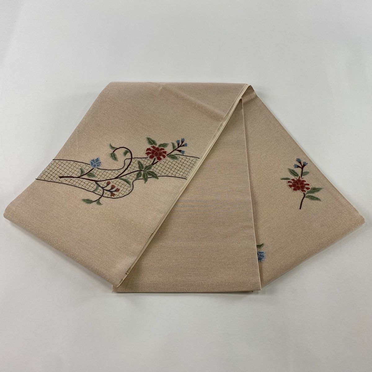 美品】 袋帯 秀品 草花 霞 刺繍 箔 ピンクベージュ お太鼓柄 正絹