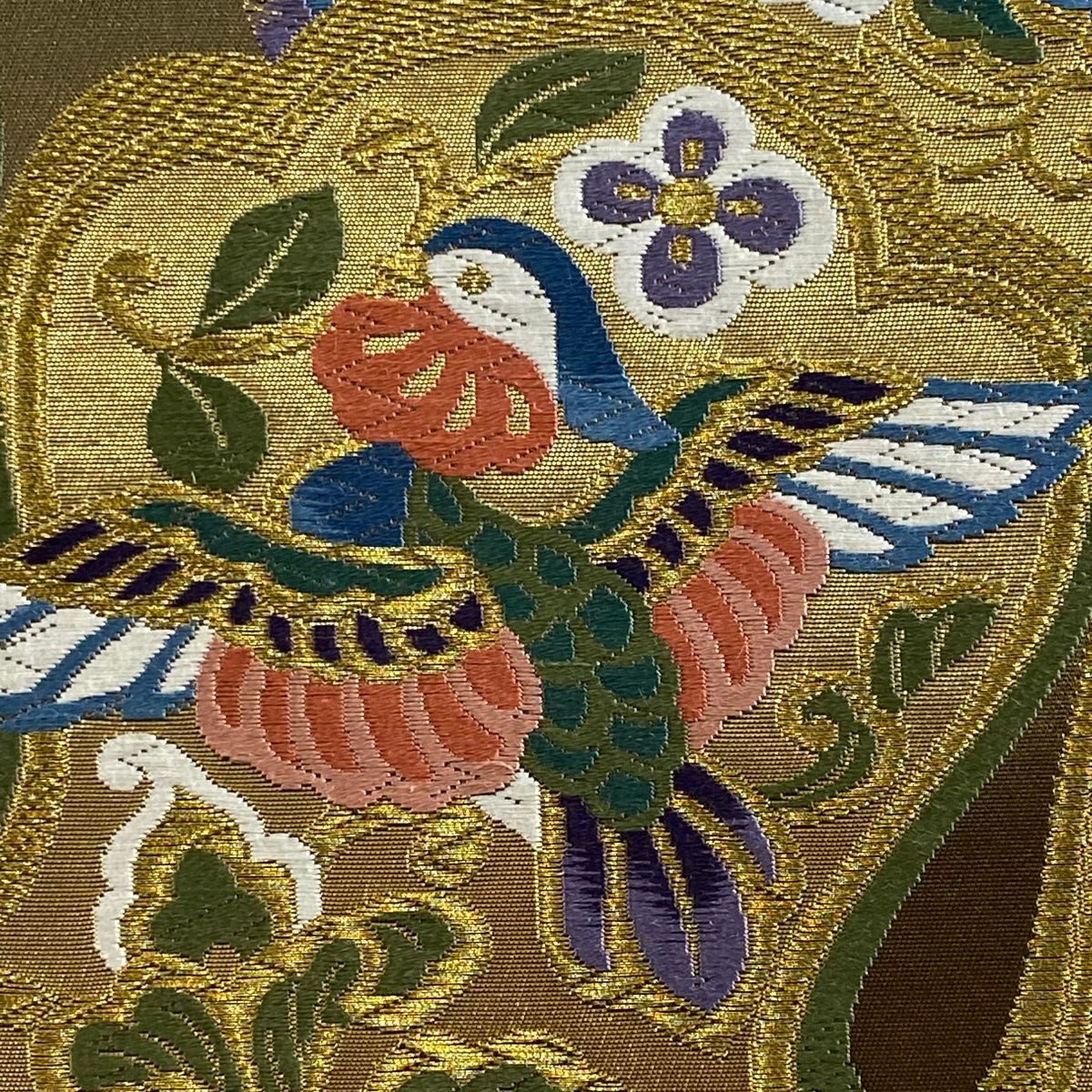 名古屋帯 秀品 花喰い鳥 草花 唐織 箔 ピンク 正絹 中古 名古屋帯 美