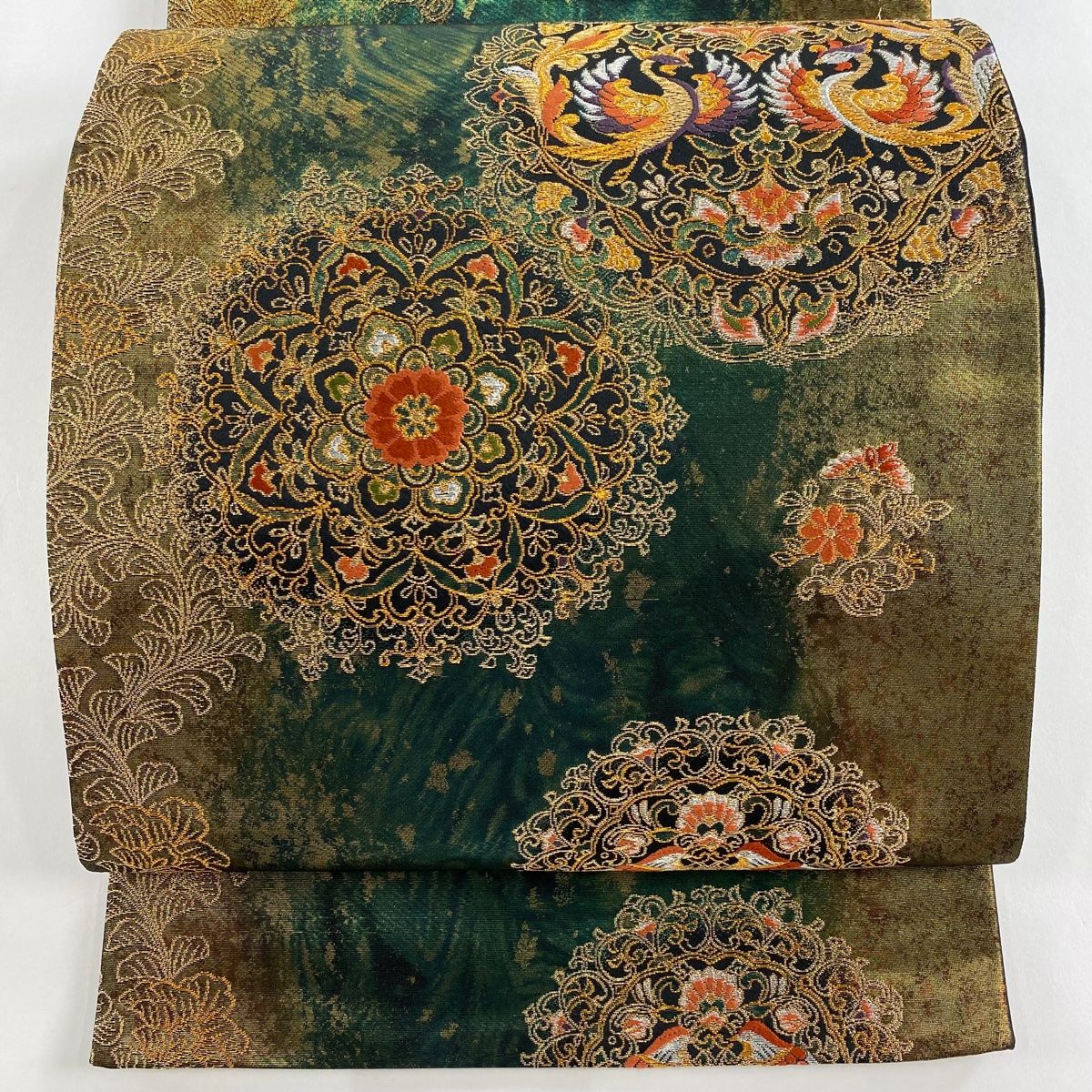 袋帯 秀品 双鳳瑞華文 金銀糸 箔 緑 六通 正絹