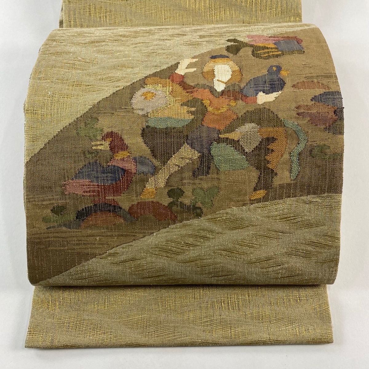 【美品】 袋帯 名品 人物 鳥 金糸 薄茶色 お太鼓柄 正絹 【】