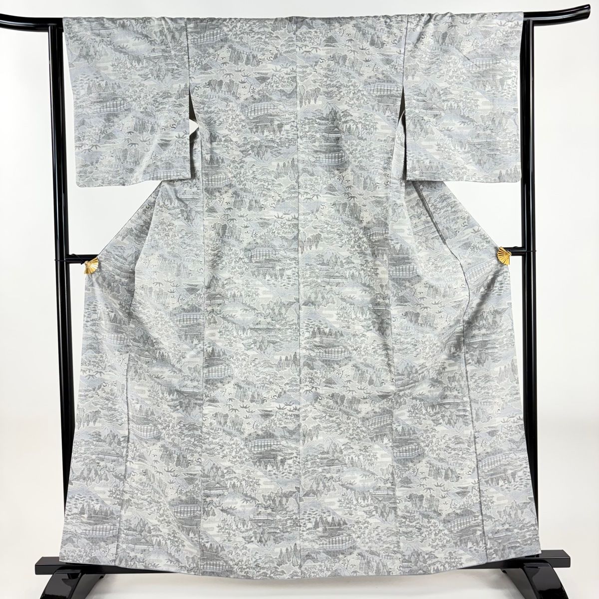 紬 身丈162cm 裄丈64cm M 袷 風景 建物 青灰色 正絹 秀品