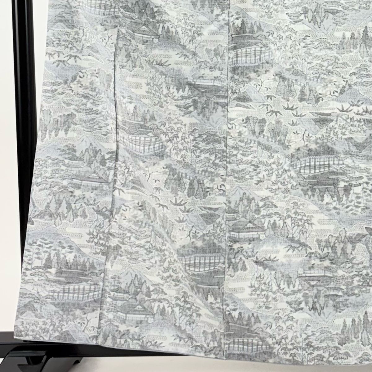 紬 身丈162cm 裄丈64cm M 袷 風景 建物 青灰色 正絹 秀品