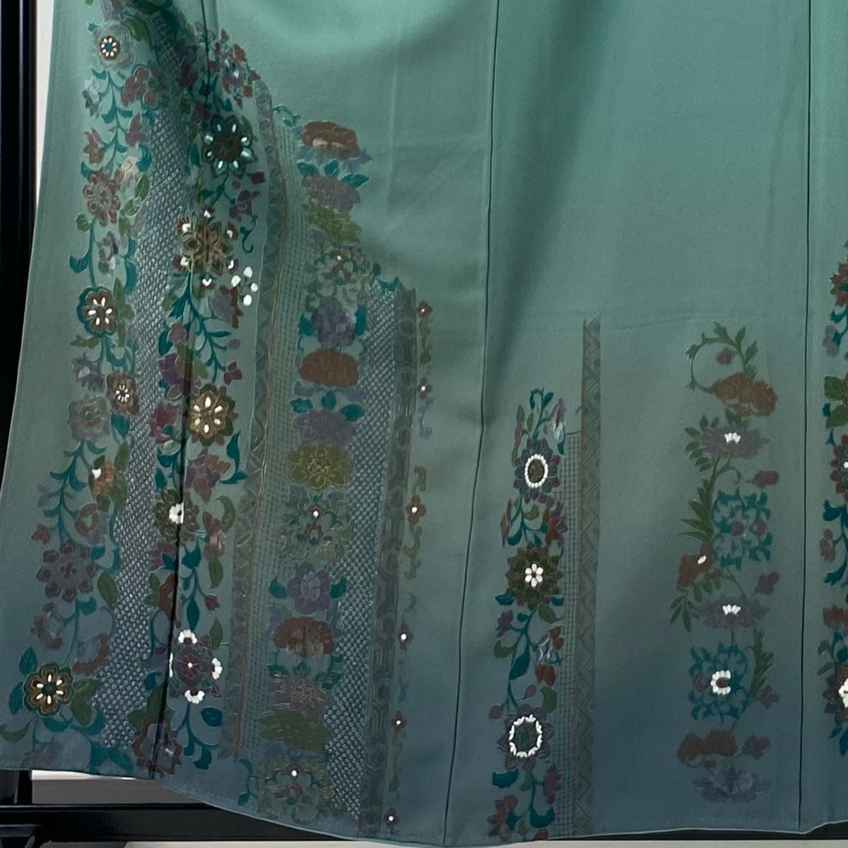 訪問着 身丈158.5cm 裄丈65cm M 袷 花唐草 七宝 刺繍 金糸 灰緑 正絹