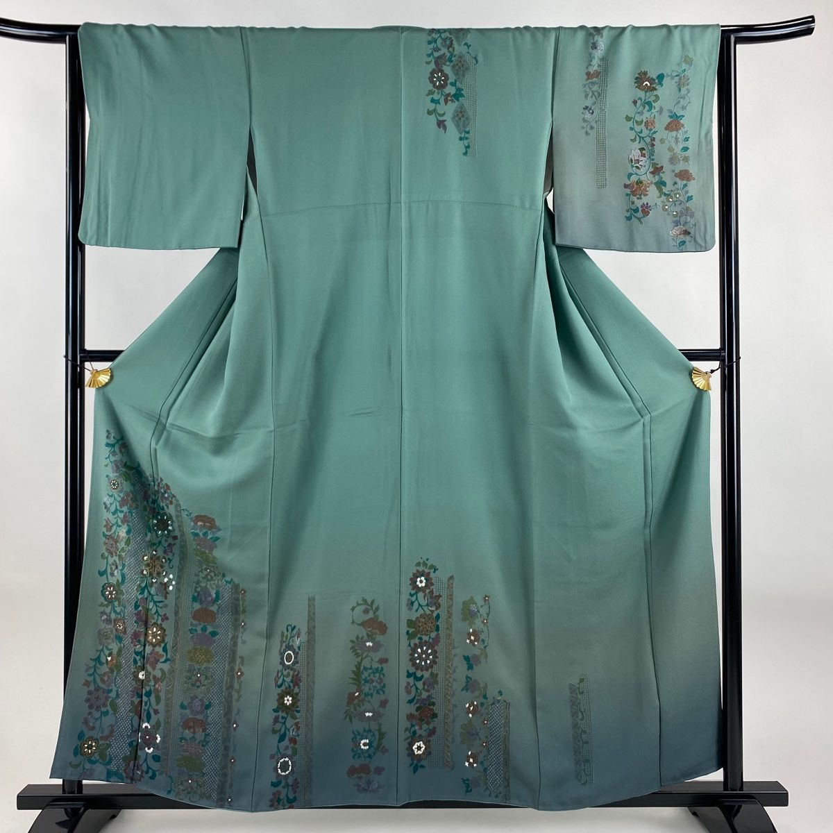 訪問着 身丈158.5cm 裄丈65cm M 袷 花唐草 七宝 刺繍 金糸 灰緑 正絹
