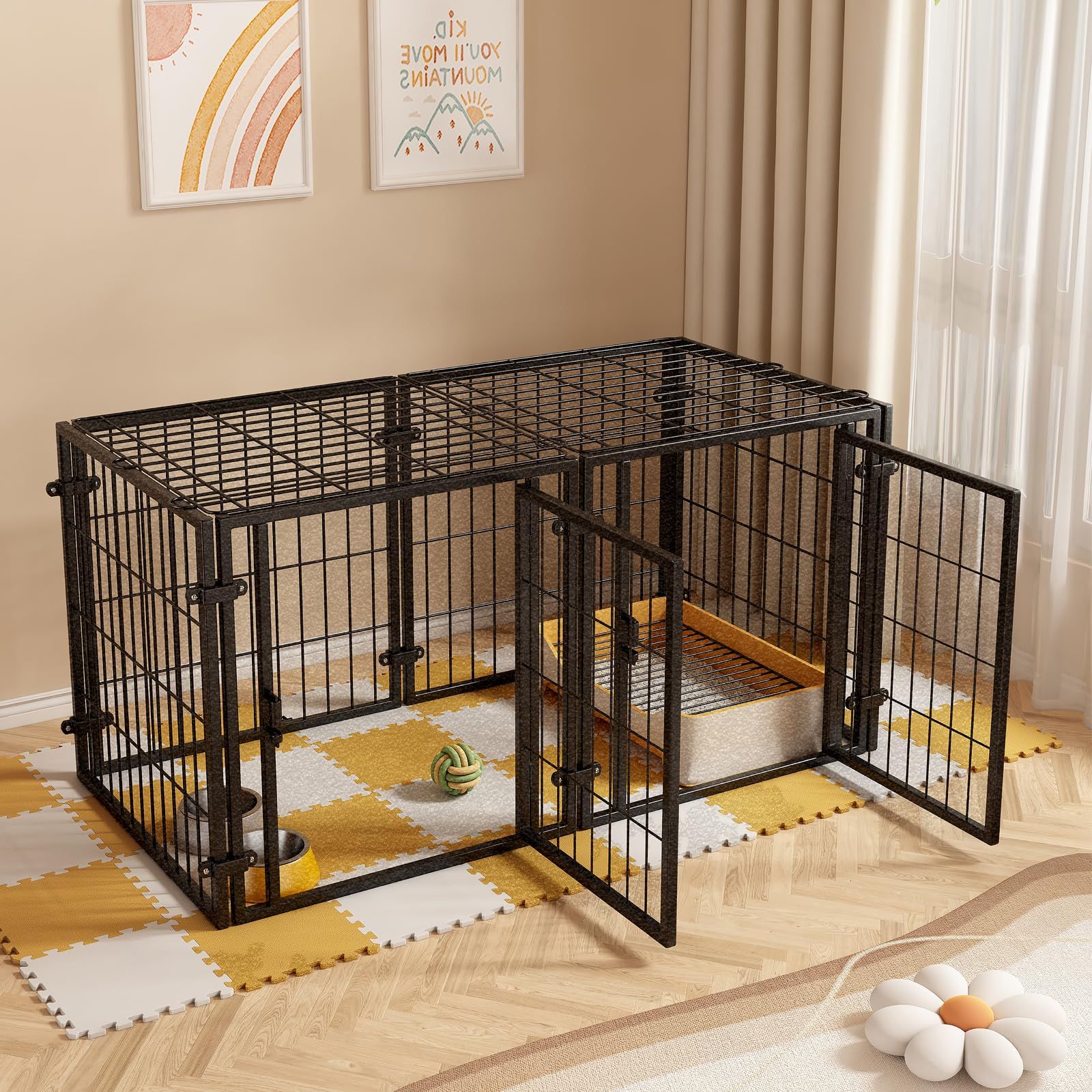 HEEOREV ペットサークル 犬 ゲージ ペットフェンス 犬 サークルケージドア付き 2つのドア 118x58x68cm シルバーブラック 組立簡単 レイアウト自由 トイレトレーニング 脱走防止 自立 ケージ 犬用 小型犬 中型犬 大型犬 ペット