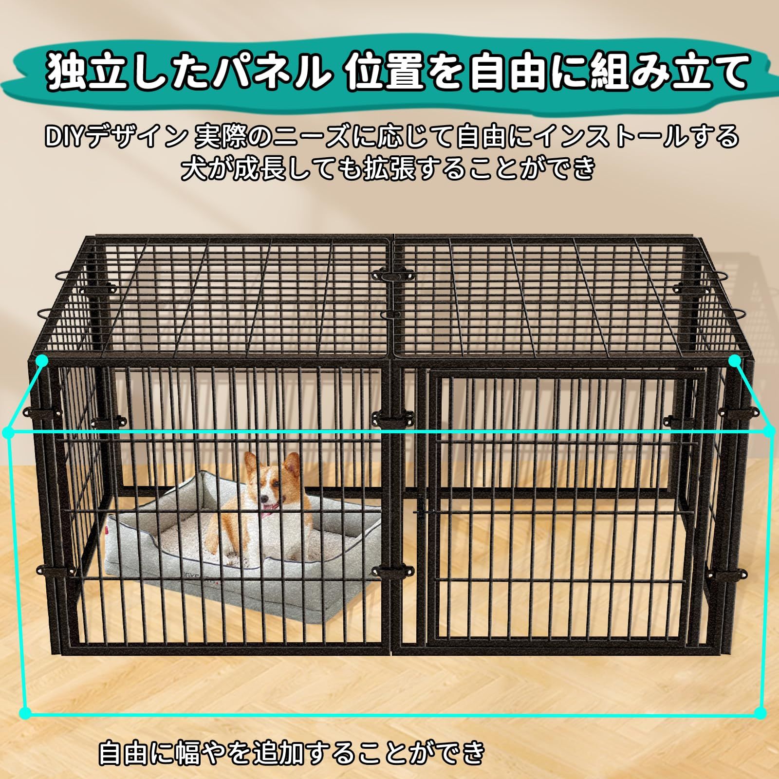 HEEOREV ペットサークル 犬 ゲージ ペットフェンス 犬 サークルケージドア付き 2つのドア 118x58x68cm シルバーブラック 組立簡単 レイアウト自由 トイレトレーニング 脱走防止 自立 ケージ 犬用 小型犬 中型犬 大型犬 ペット