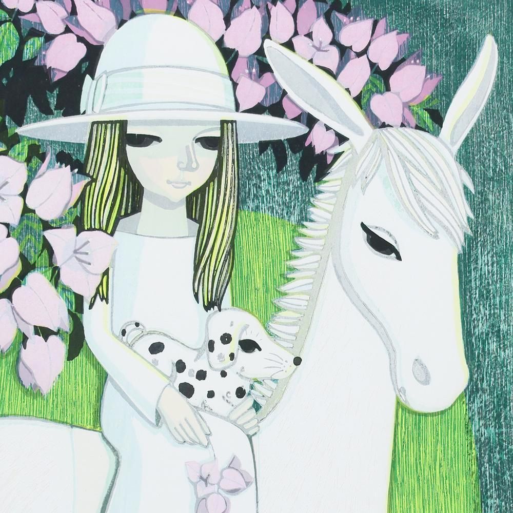 池田修三 【少女】 木版画 真作】【WISH】池田修三「白い馬の少女」木版画 8号大 1980年作 直筆