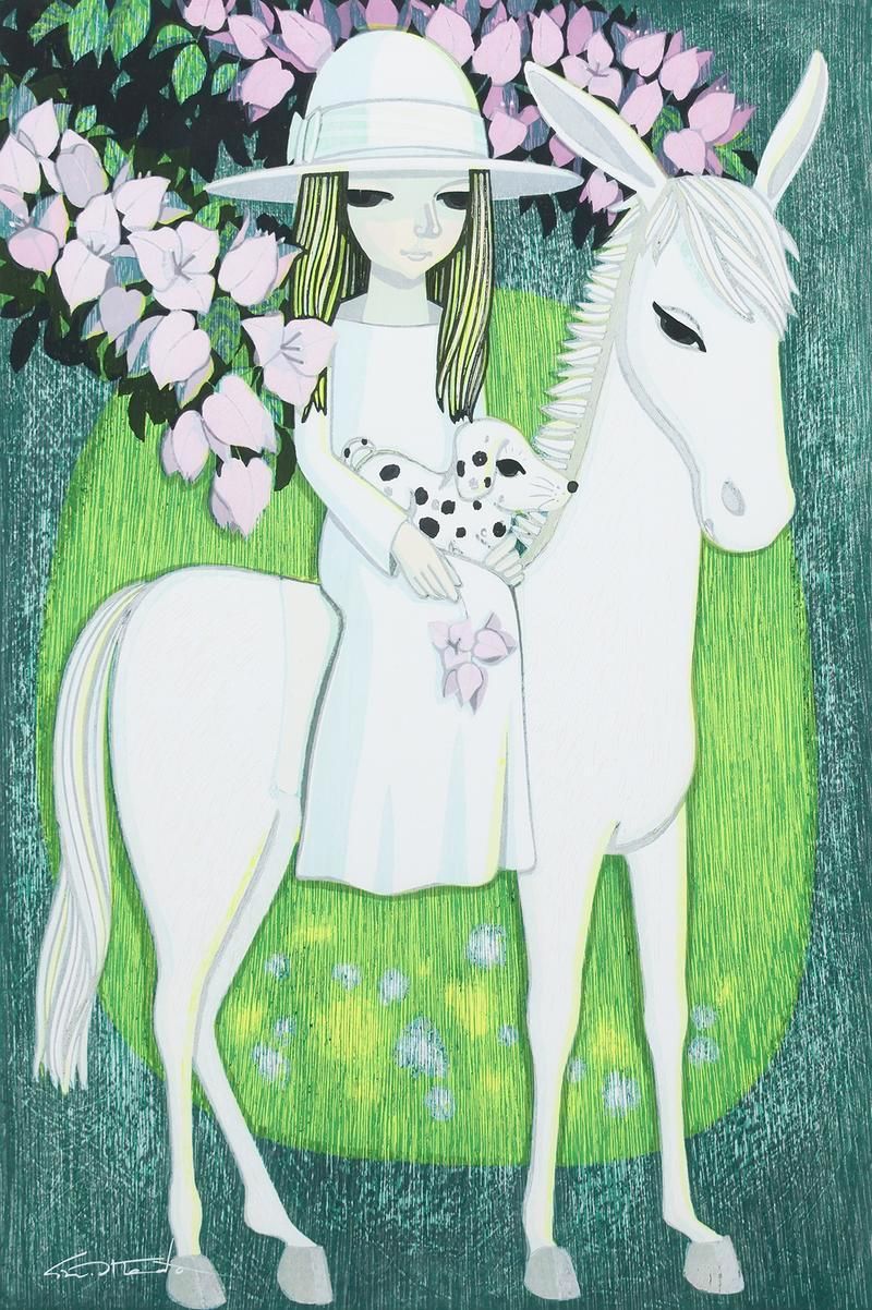 真作】【WISH】池田修三「白い馬の少女」木版画 8号大 1980年作 直筆